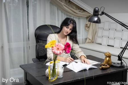 Соблазнительная бизнес-леди у домашнего стола