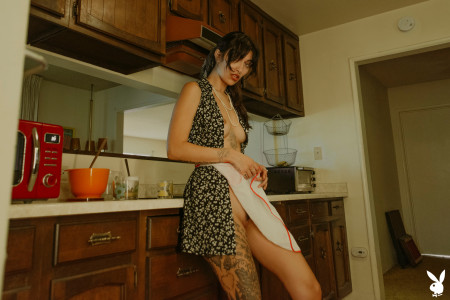 Даллас Максвелл: элегантность черно-белой моделированная в домашней кухне